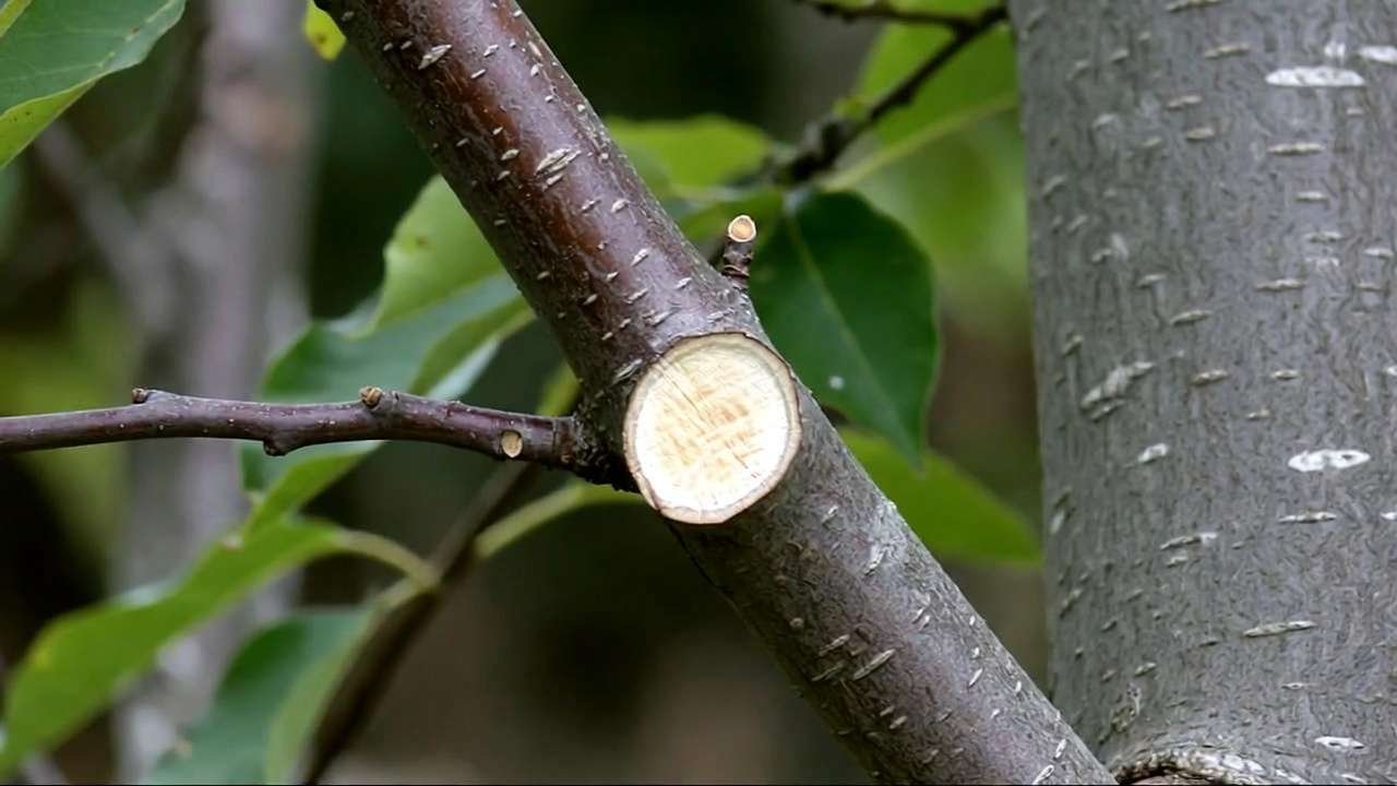 Close-up of correct pruning cut just outside the branch collar on a young tree for proper healing