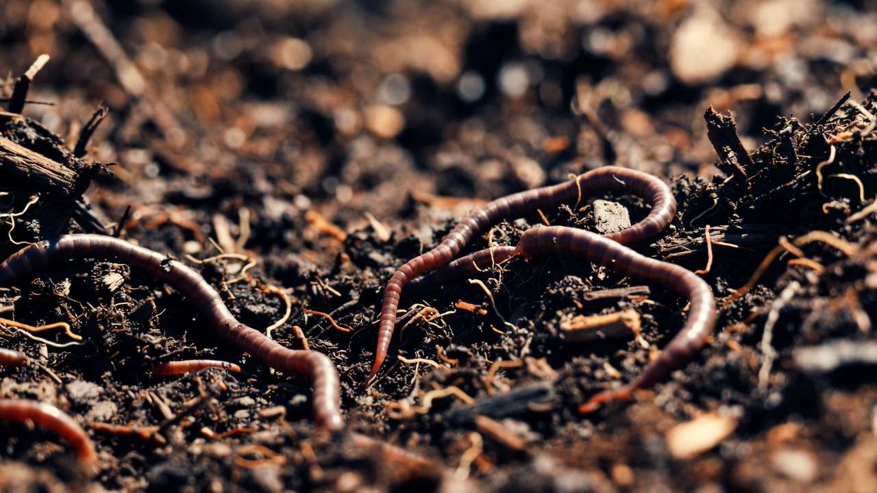 Close-up of rich organic compost soil with earthworms, showing healthy soil biology for plants and trees