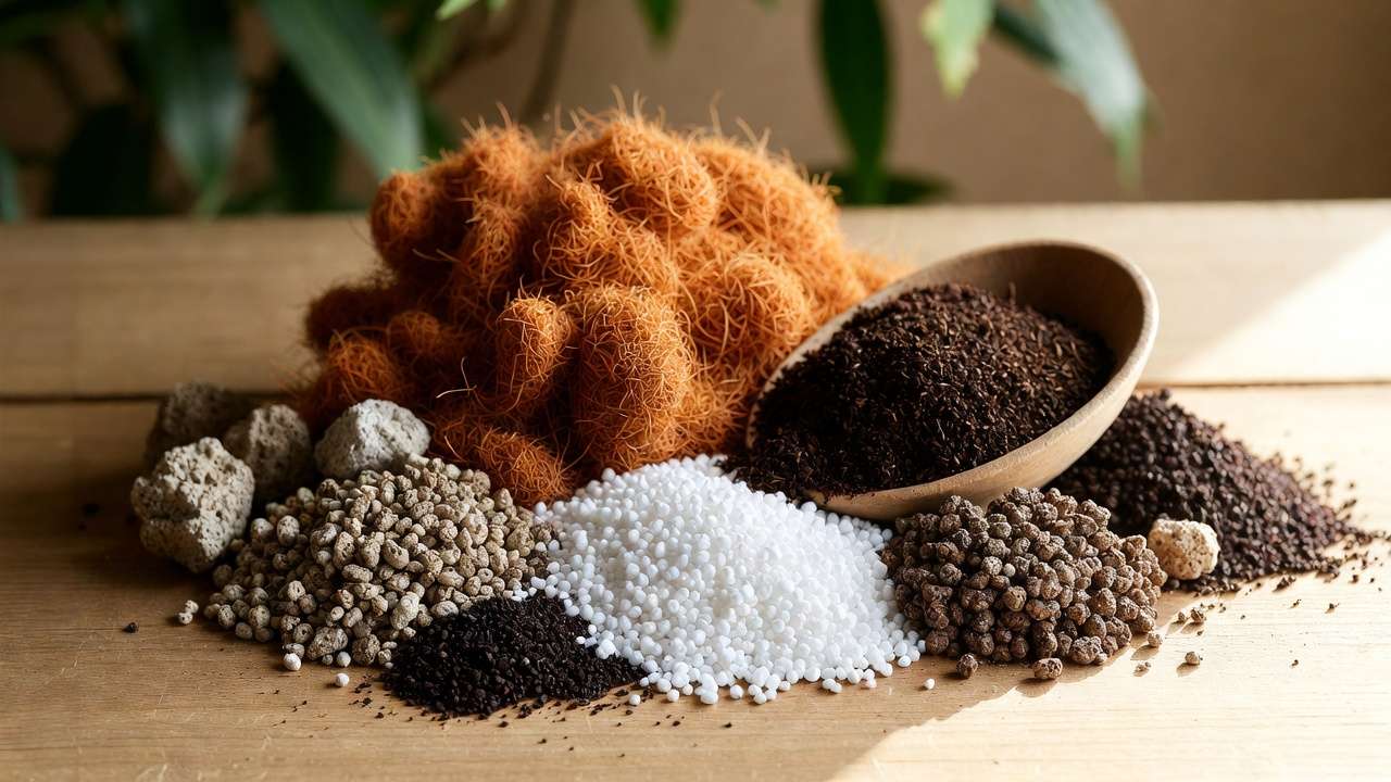 Ingredients for homemade potting mix including coconut coir, compost, perlite, and vermiculite arranged on wooden table