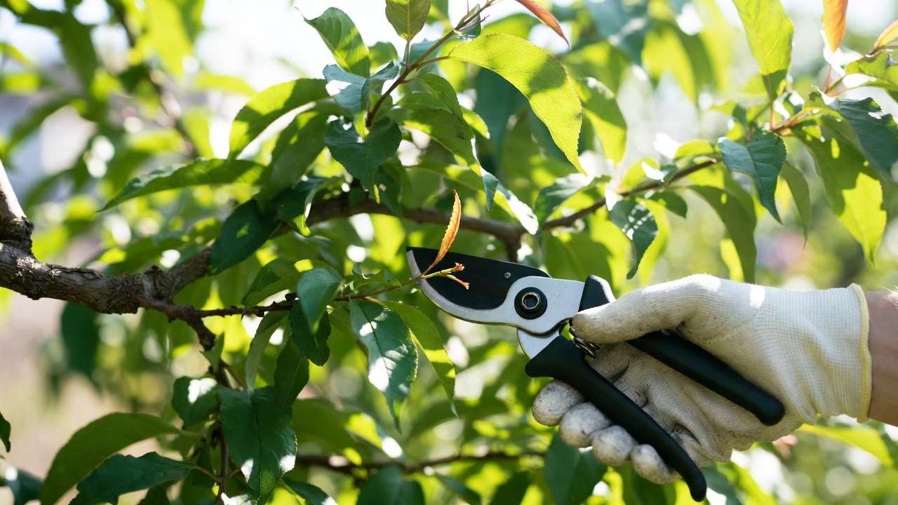 Summer pruning of peach tree in full leaf removing water sprouts under bright sunlight