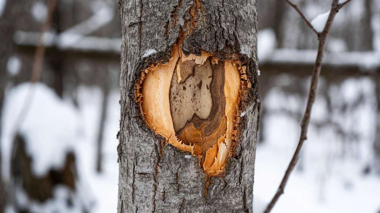 Sunscald frost damage cracked bark on young tree trunk southwest side winter injury example