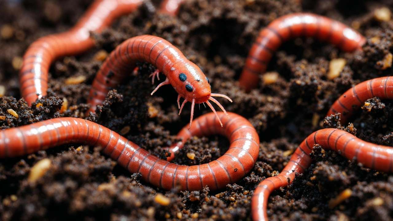 Close-up of healthy red wiggler composting worms in rich vermicompost soil