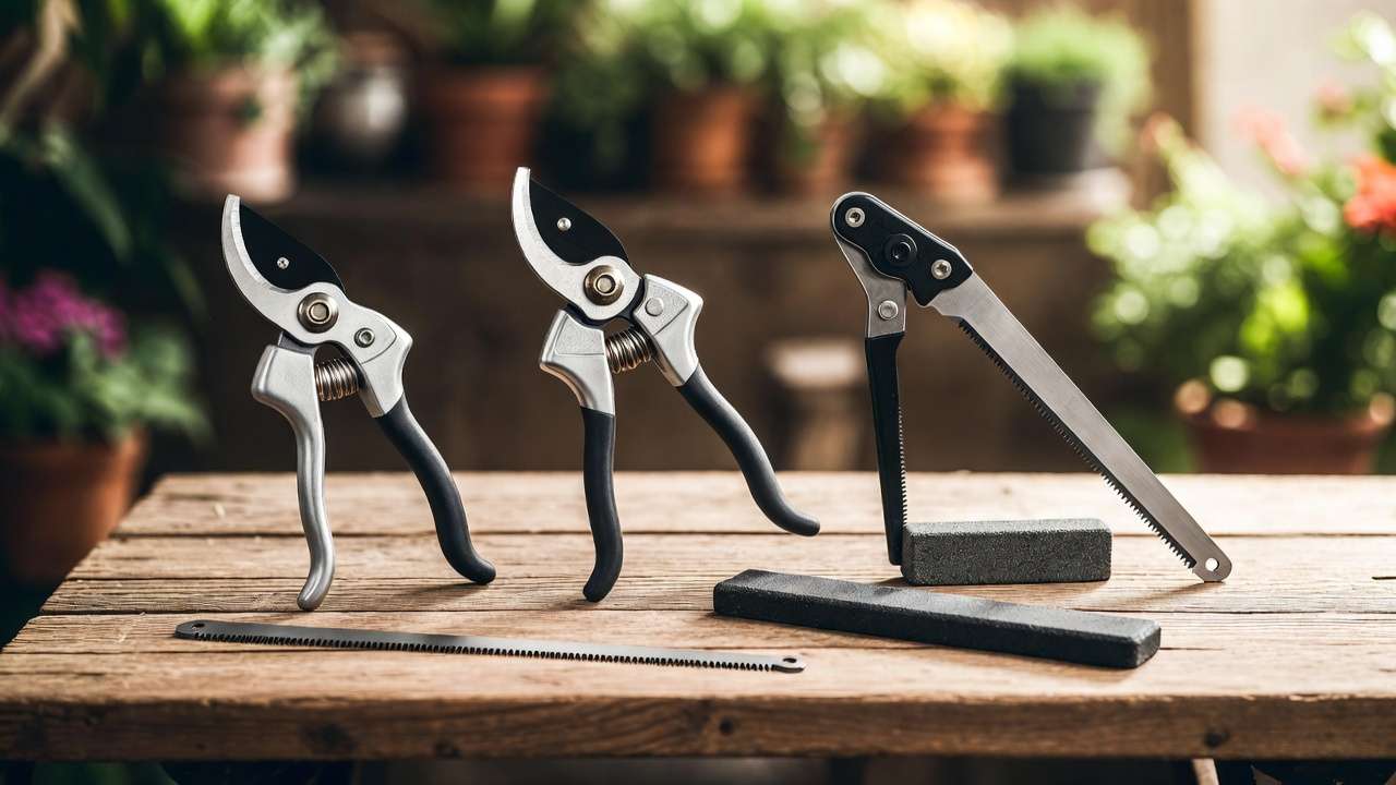 Essential sharp pruning tools set including bypass pruners, loppers, and saw for clean plant cuts.
