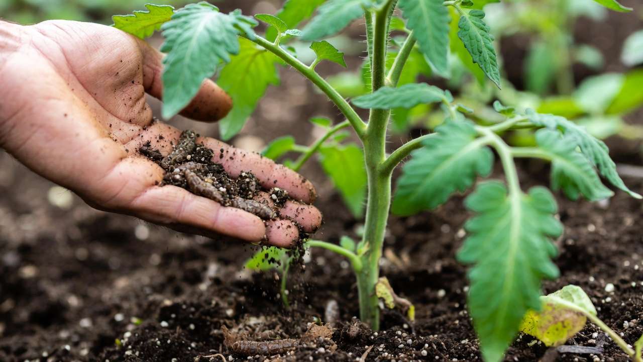 Applying nutrient-rich worm castings to tomato plant base for organic garden fertilizing.