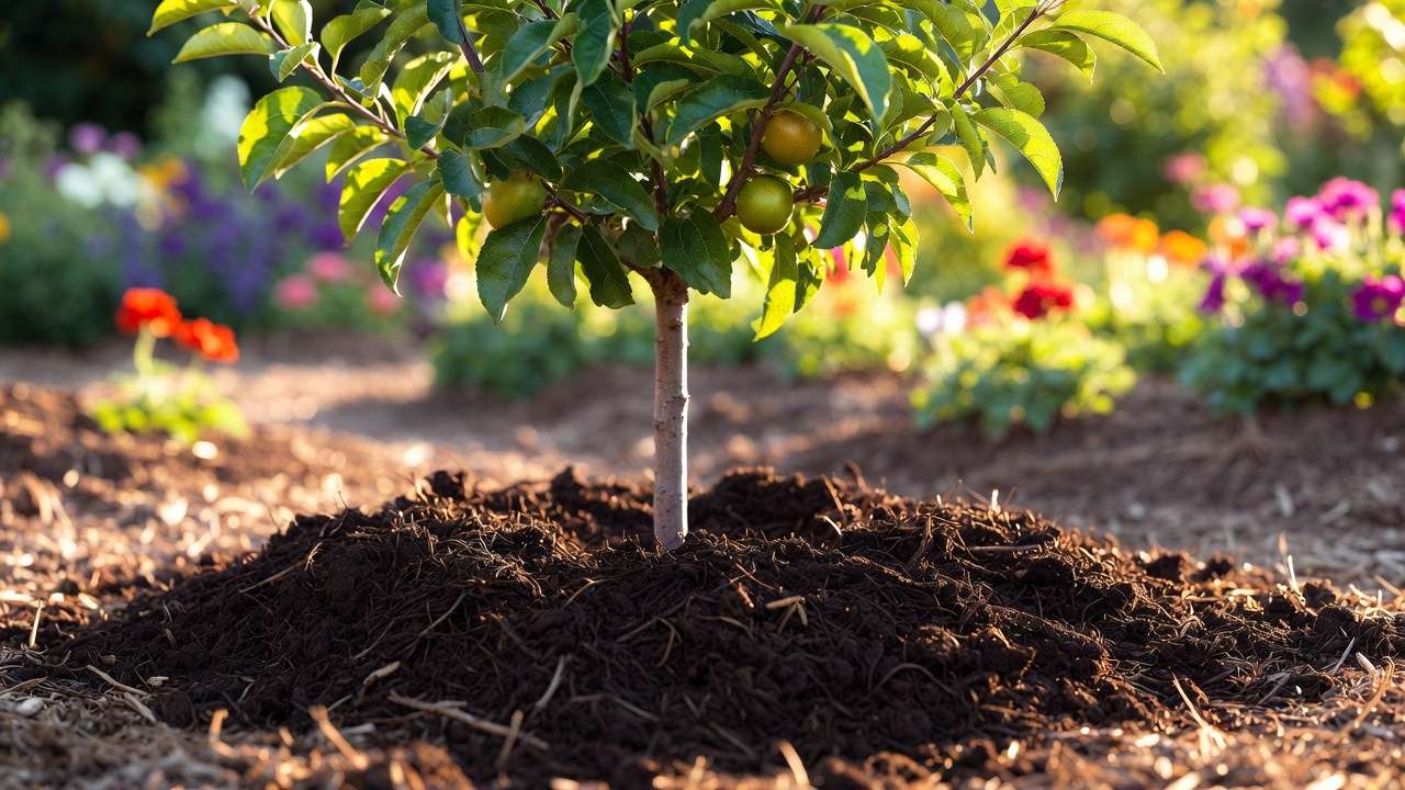 Applying nutrient-rich finished compost as mulch around tree base to improve soil health and support plant growth in garden