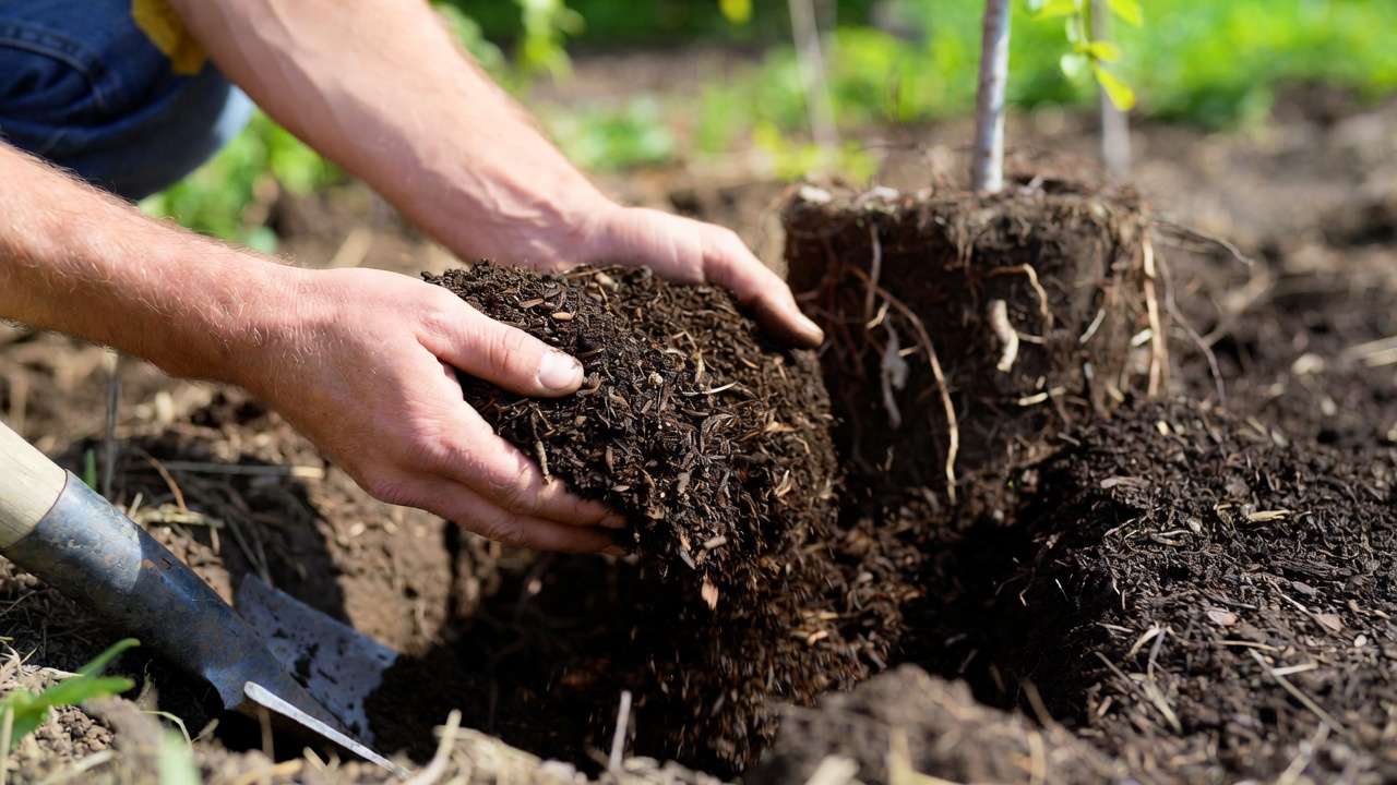 Mixing mature compost into planting hole for new tree establishment