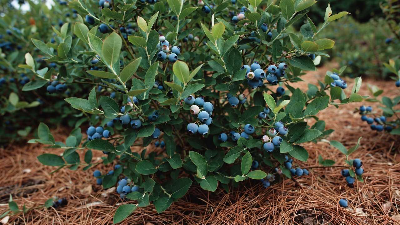 Healthy blueberry bush with ripe berries growing in homemade ericaceous compost and pine mulch