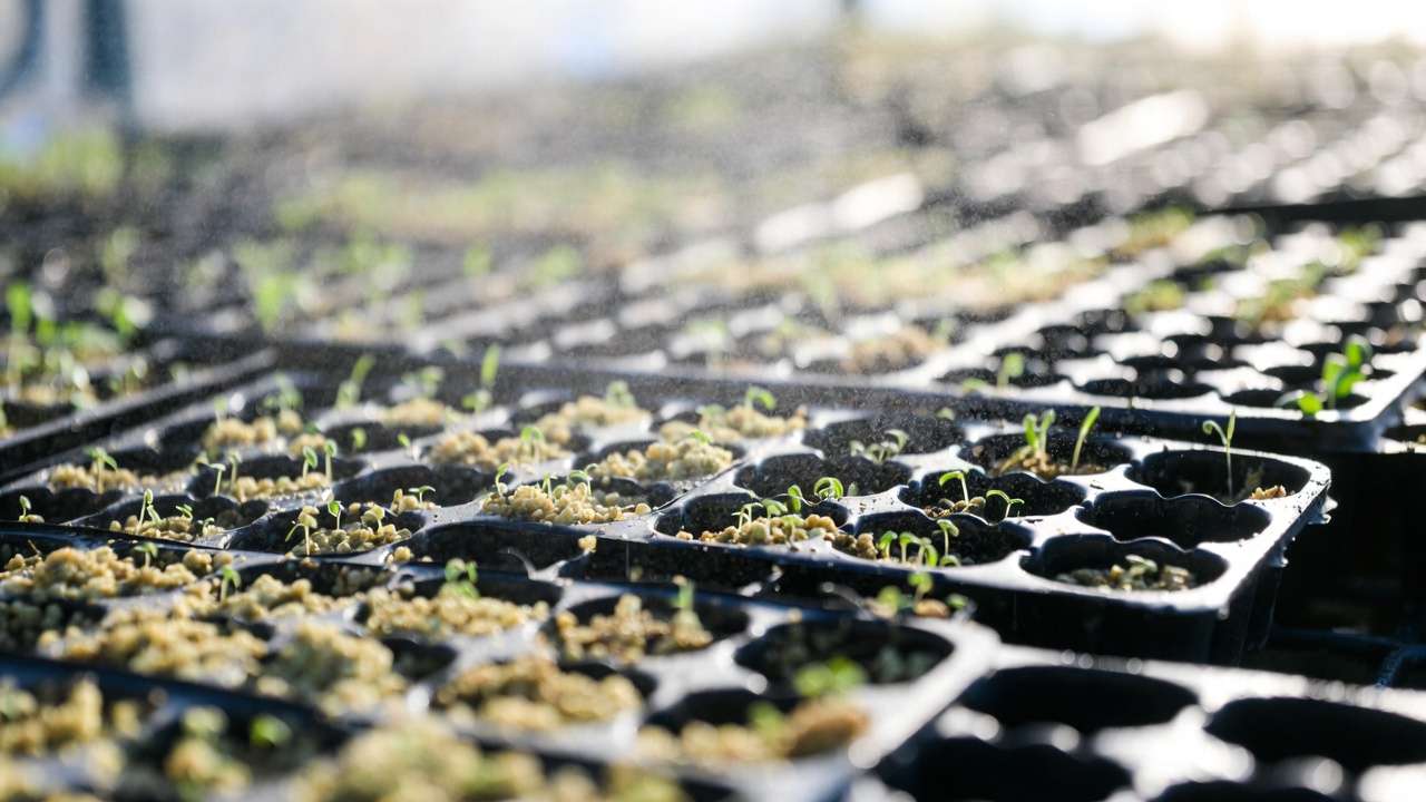 Freshly sown seeds emerging in soilless seed starting mix in cell trays