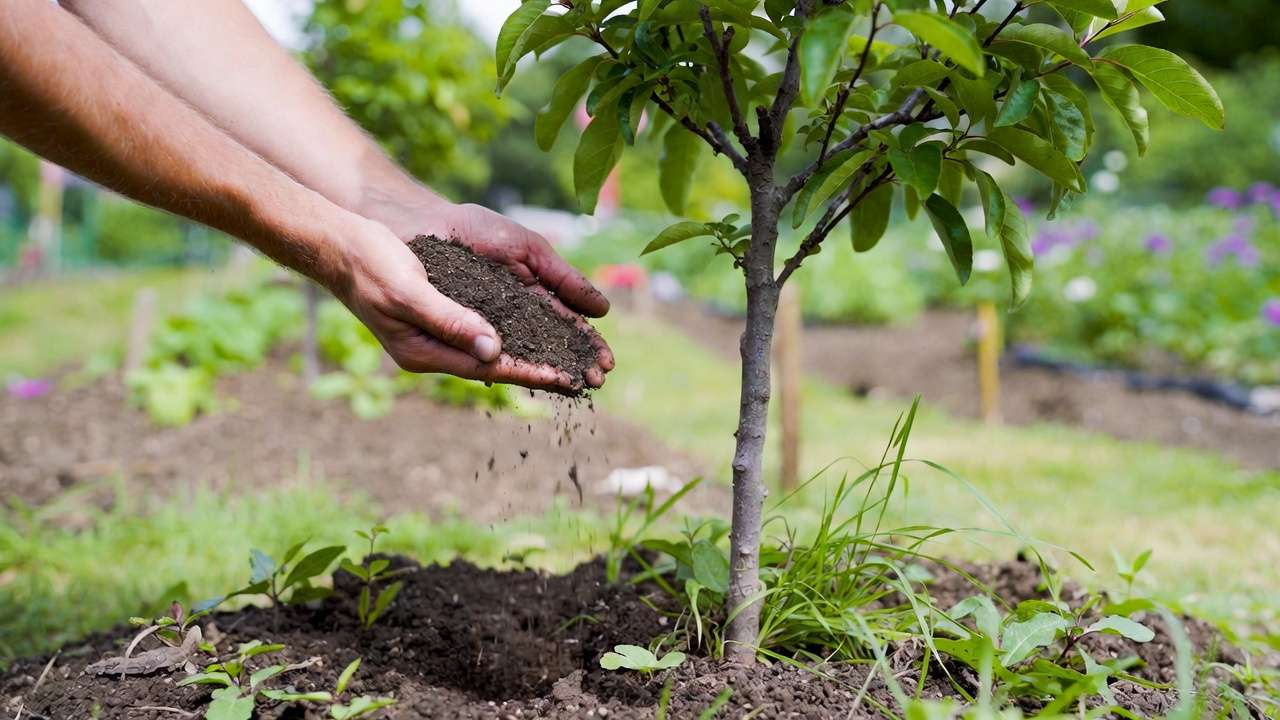 Applying harvested worm castings as top-dressing around a young tree for organic plant nutrition.