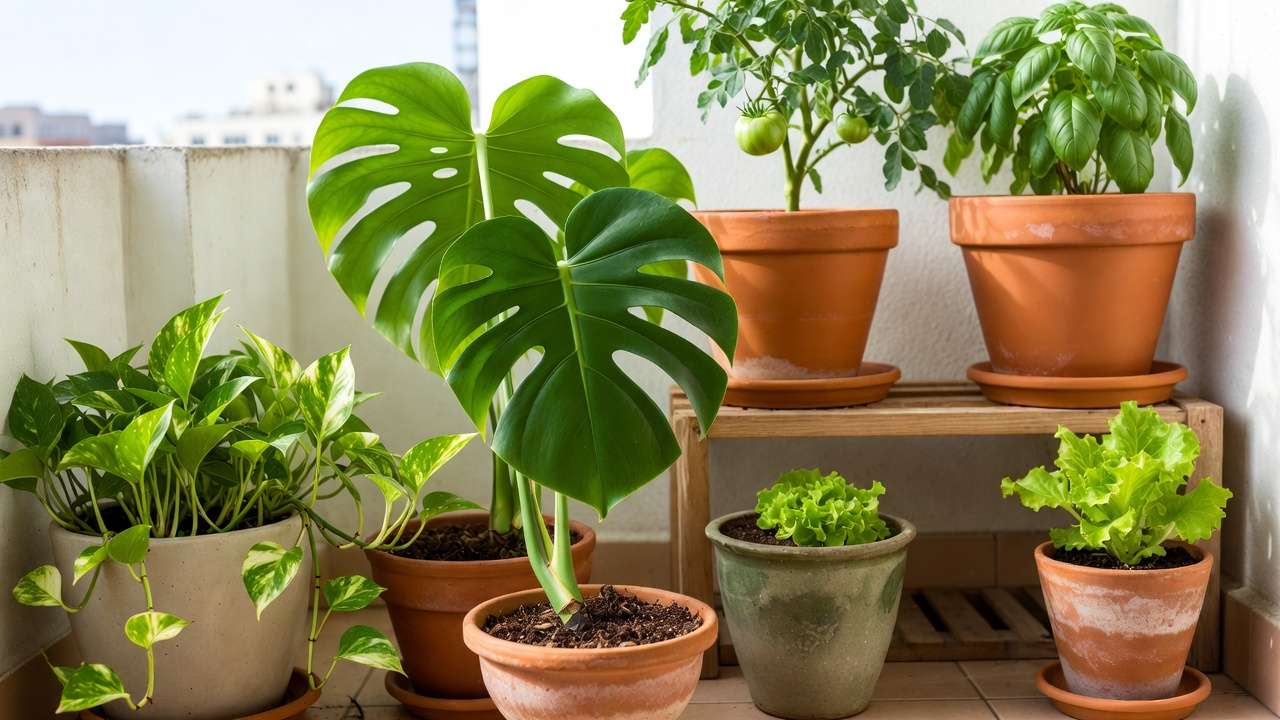 Thriving houseplants and container vegetables growing in custom DIY potting mix on sunny balcony