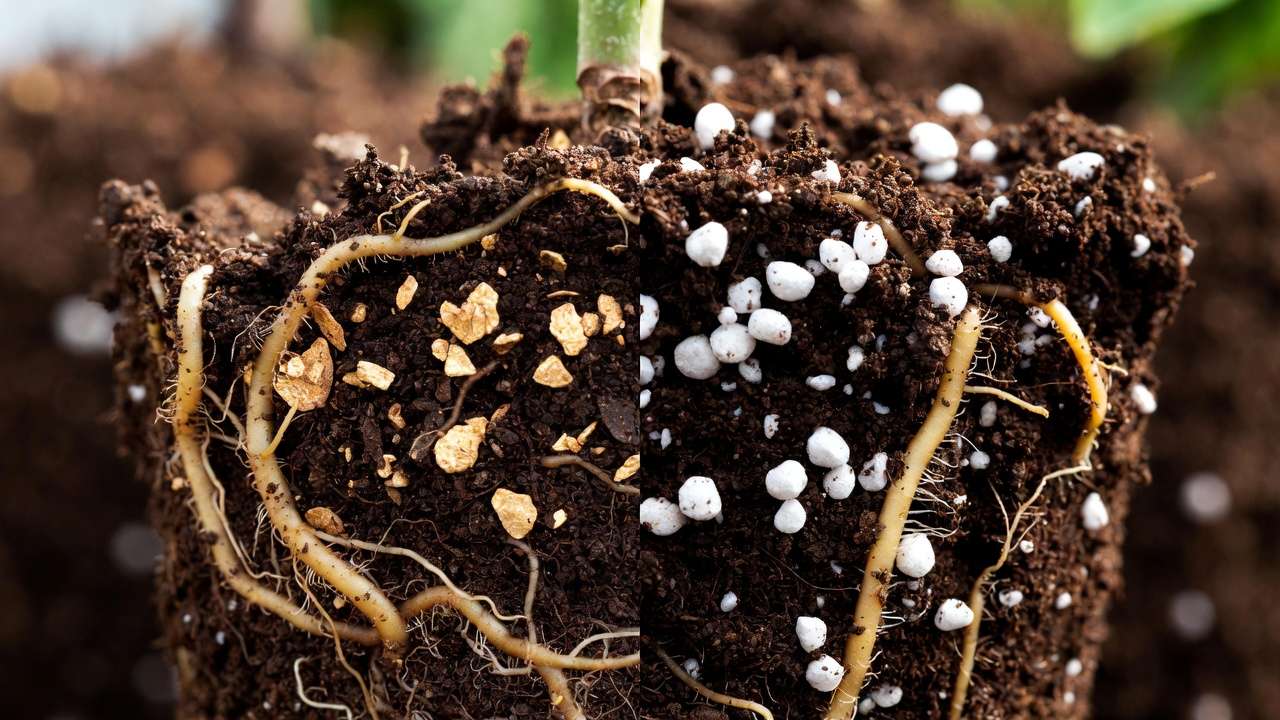 Side-by-side vermiculite vs perlite in soil mix showing key differences in texture and plant roots