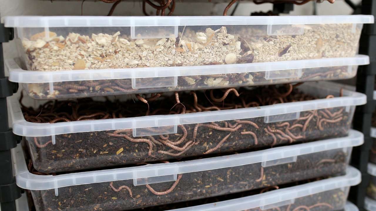 Vertical tray worm bin system showing worms migrating upward to fresh bedding while harvesting finished castings below