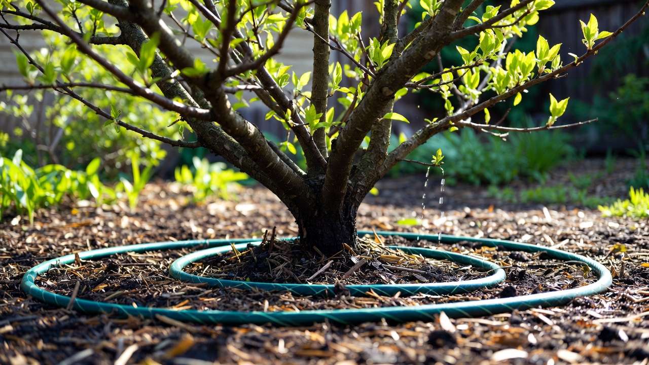 Deep watering with soaker hose under mulch for tree in early spring