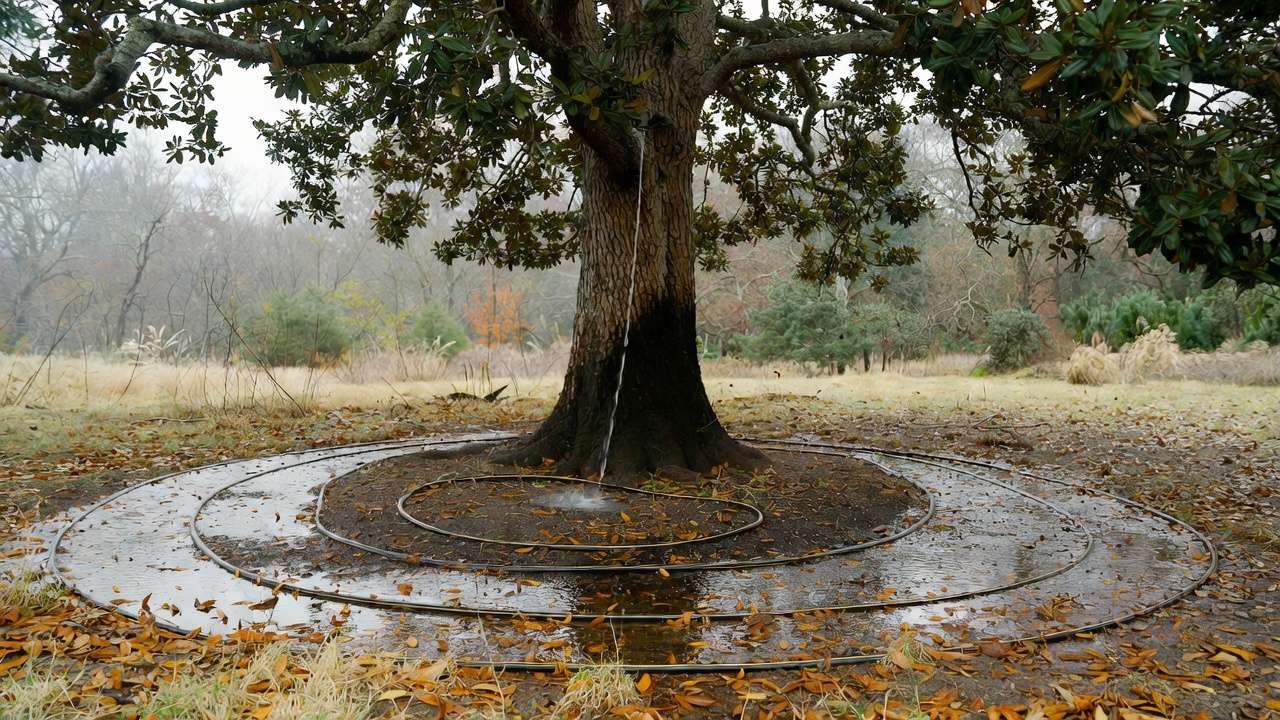 Deep watering a tree with soaker hose in fall to prevent winter drought stress
