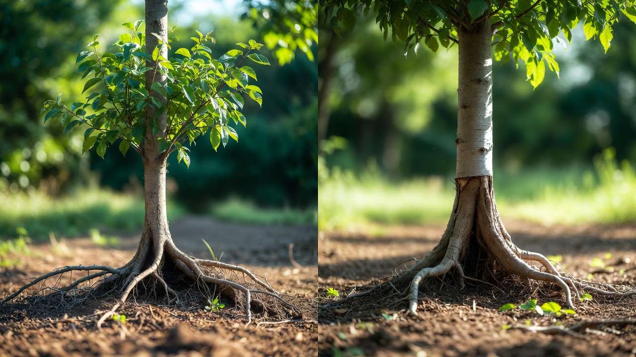 Side-by-side comparison: healthy tree with proper root flare versus tree damaged by girdling roots and compressed trunk base.