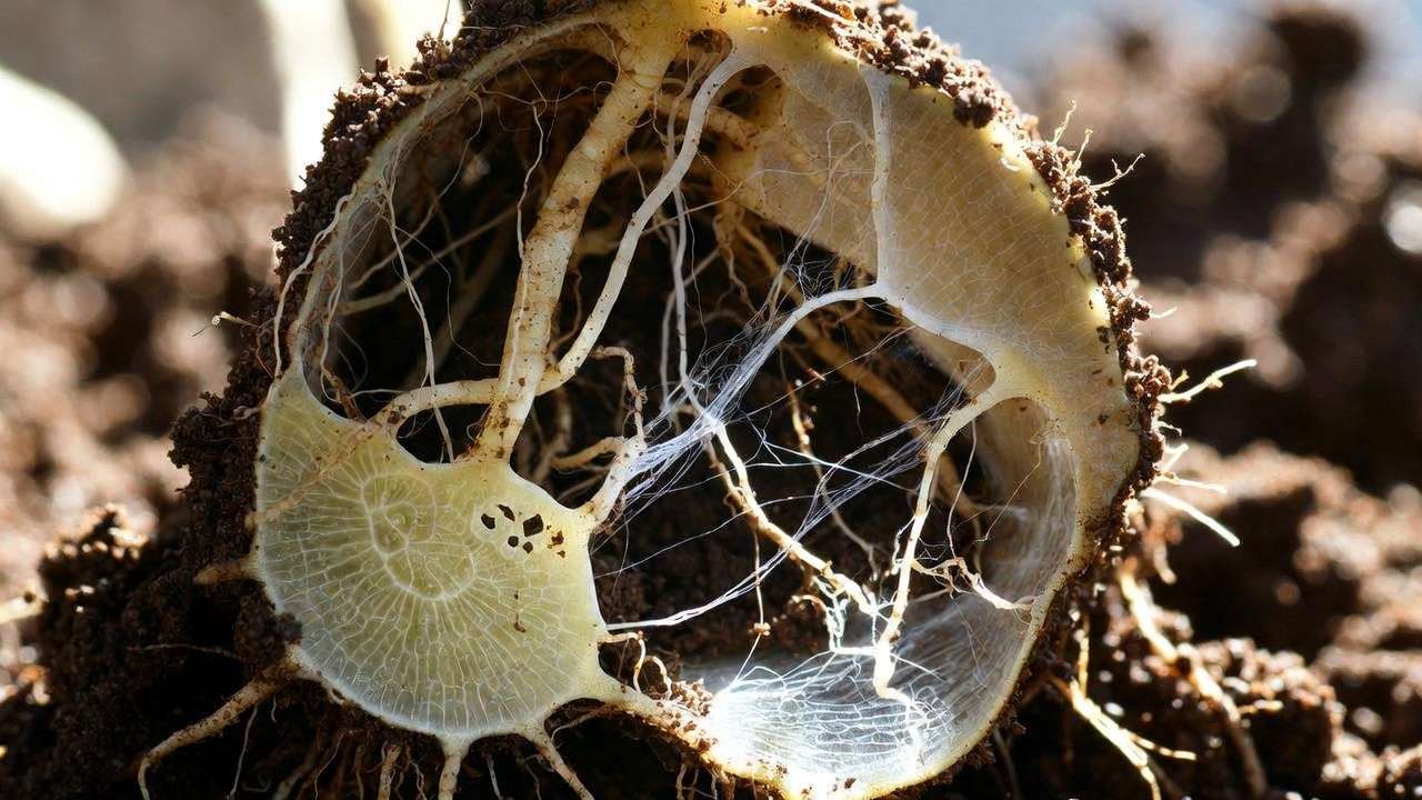 Close-up of mycorrhizal fungi hyphae penetrating plant roots in soil, showing symbiotic relationship