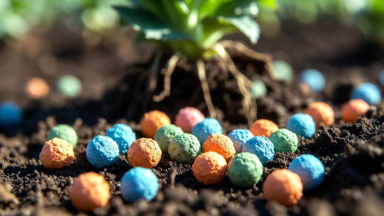Close-up of slow-release fertilizer granules with polymer coating on soil for steady nutrient delivery