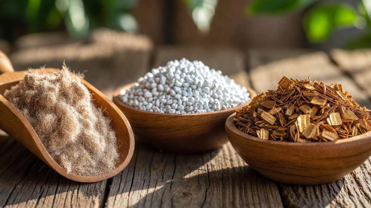 Close-up of coco coir, perlite, and vermiculite — key ingredients in soilless seed starting mixes