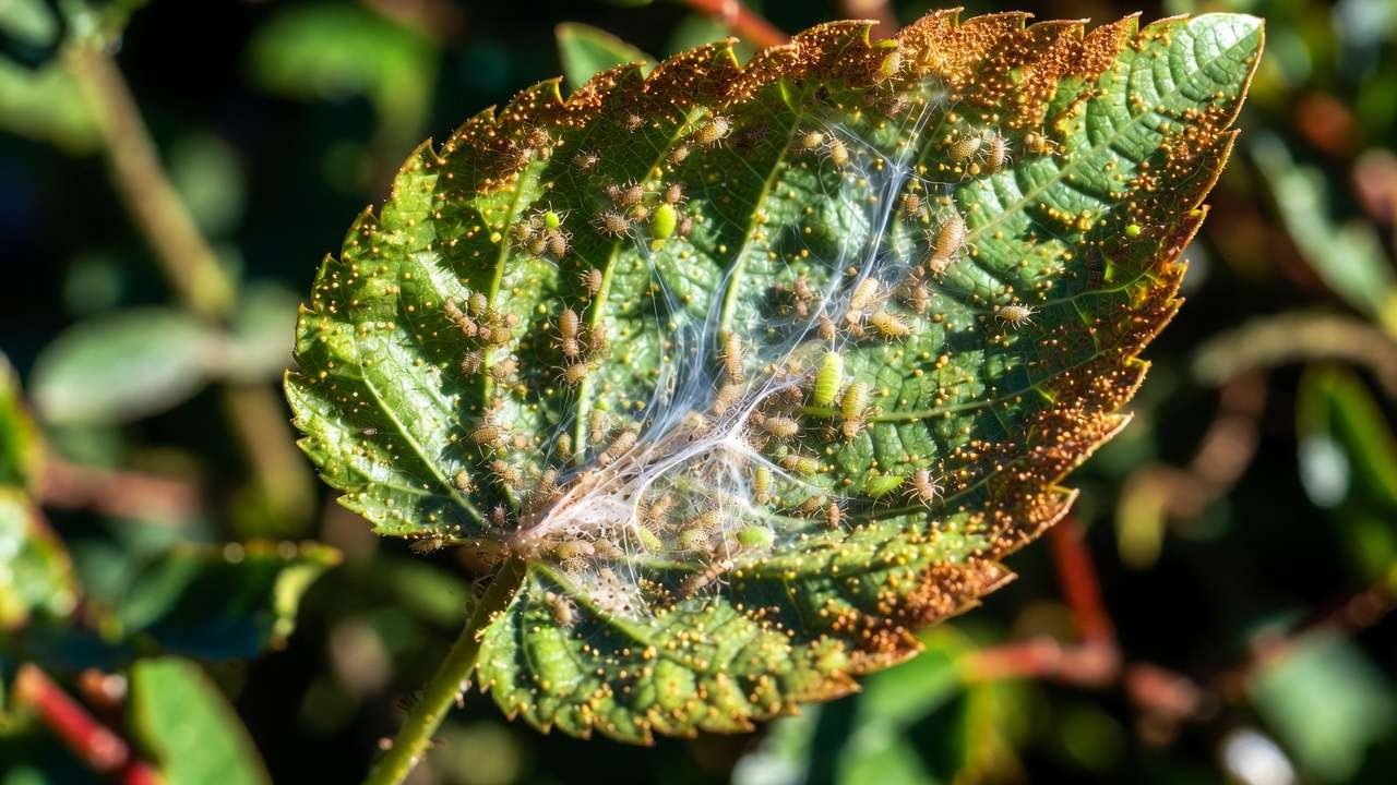 Close-up of spider mite infestation showing webbing and stippled leaf damage on a plant.