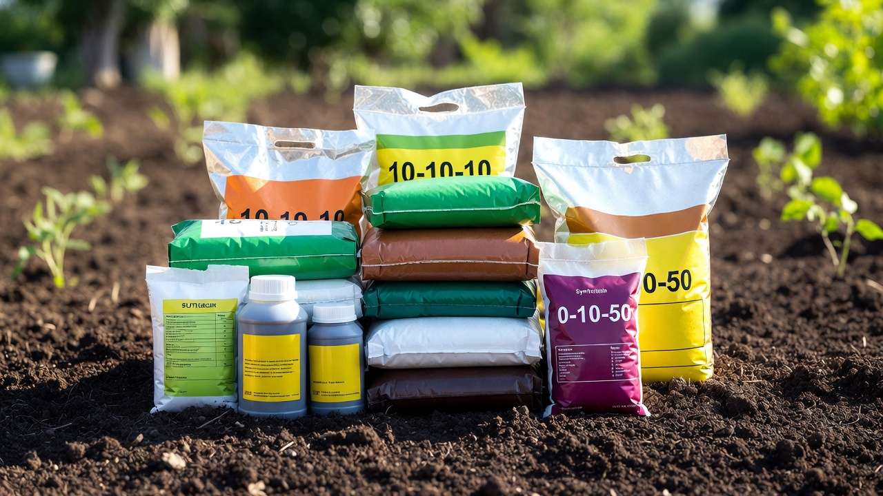 Bags of synthetic NPK fertilizers ready for use in a garden setting