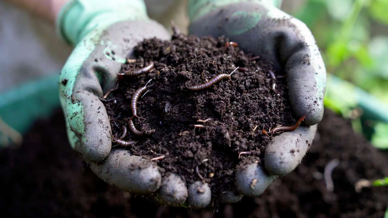 Close-up of nutrient-rich worm castings held in hands showing fine texture and earthworms