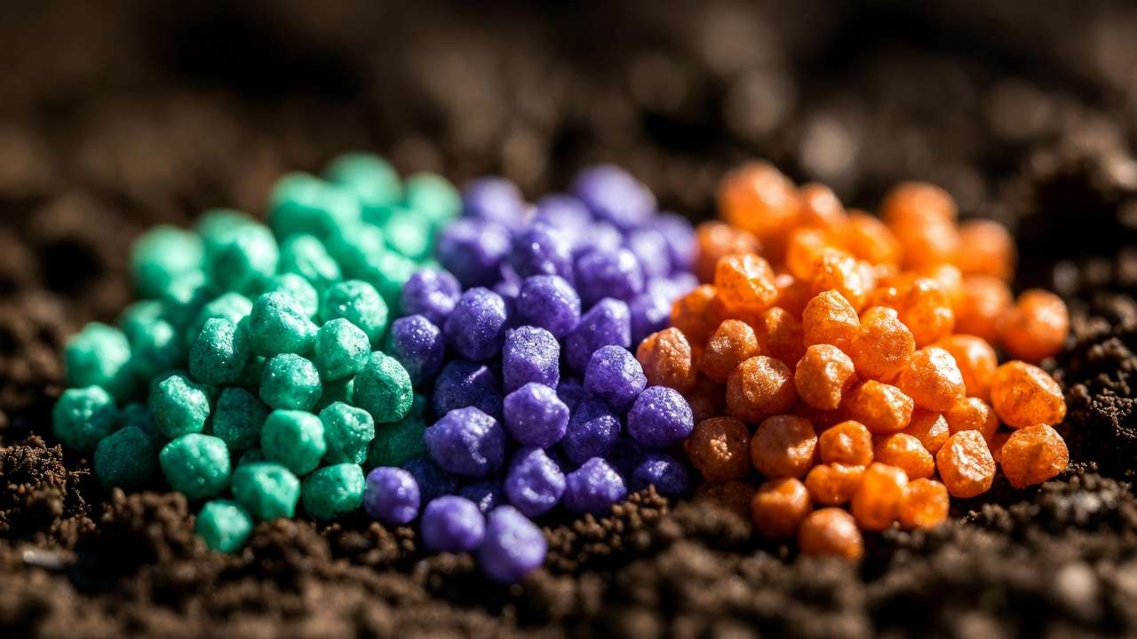Macro view of fertilizer granules illustrating nitrogen phosphorus and potassium NPK components