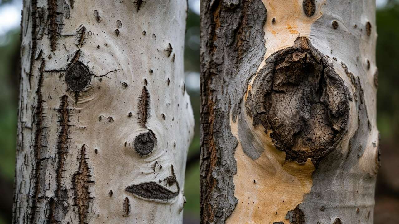 Comparison of healthy tree bark versus cankered bark showing sunken discolored cracked area on right side.