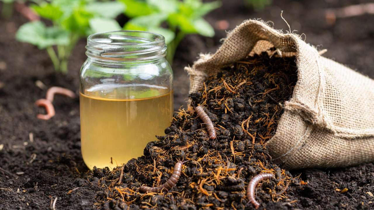Close-up of mature worm castings and freshly brewed worm tea in a glass jar on garden soil