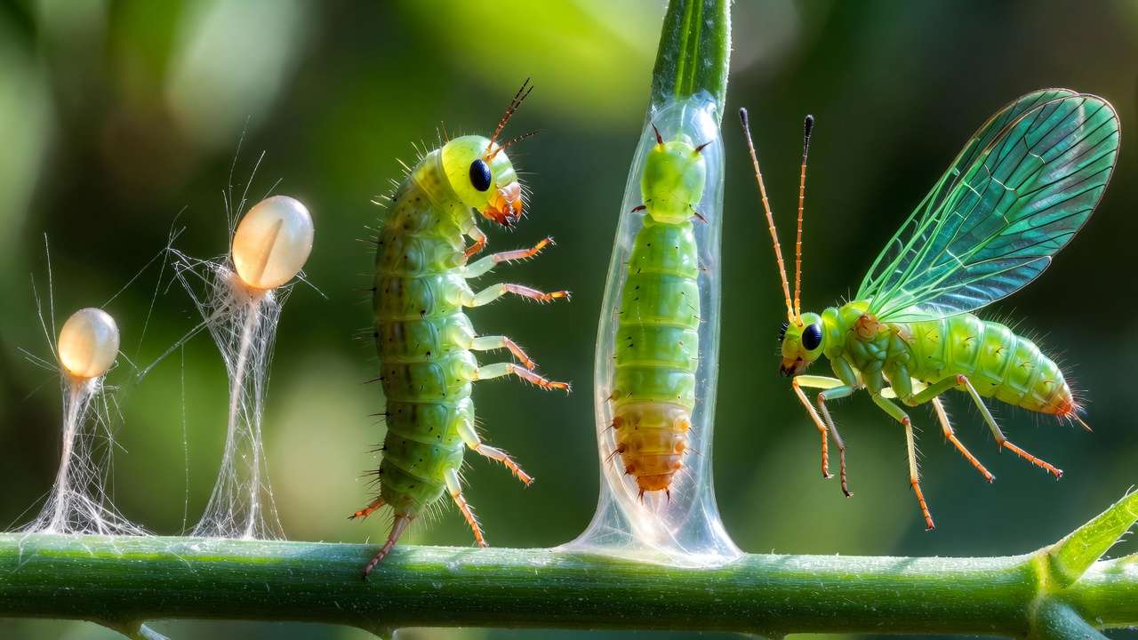 Green lacewing life cycle stages from eggs to larva, pupa, and adult insect