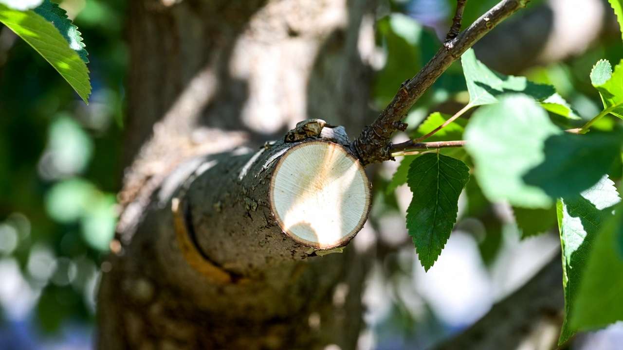 Close-up of proper pruning cut on tree branch showing branch collar for fast healing