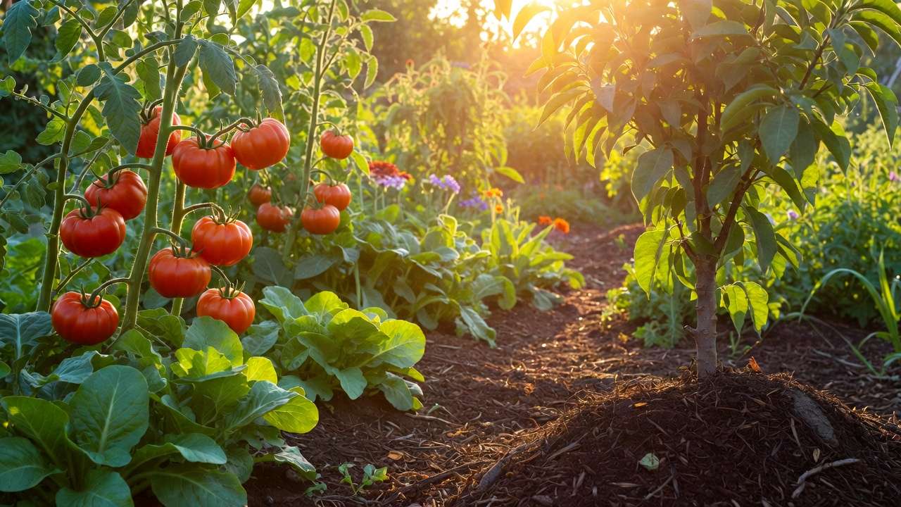 Healthy vegetable garden and fruit trees thriving with nutrient-rich compost mulch, strong roots and vibrant growt