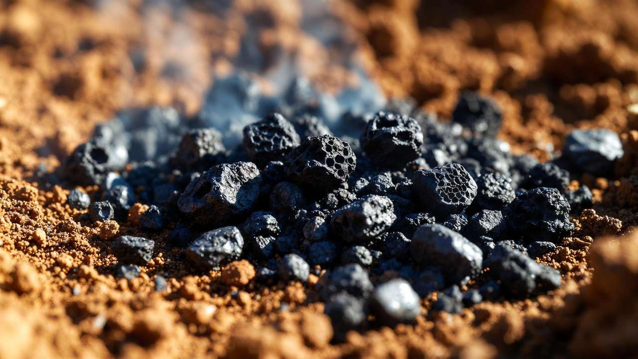 Close-up of porous biochar particles on soil showing its charcoal-like structure and high surface area
