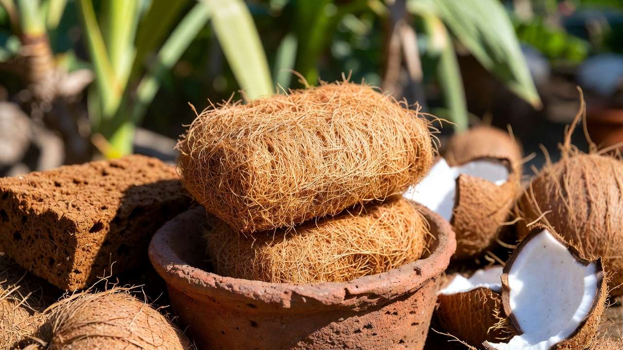 Hydrated coco coir brick and dry block showing texture for potting mix
