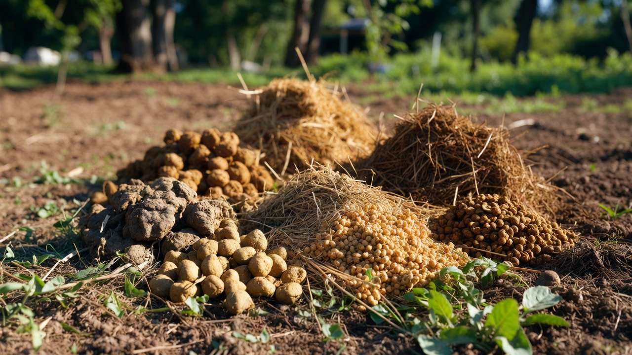 Different types of aged animal manure piles in an organic garden
