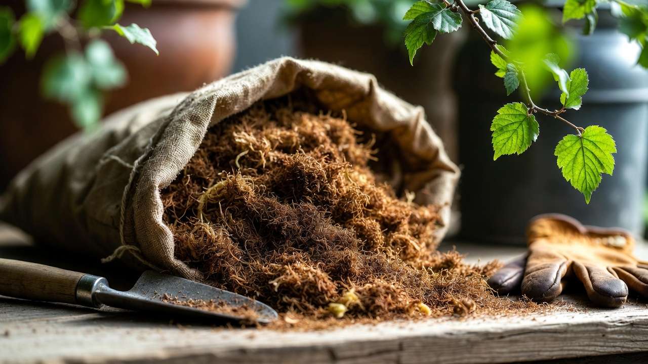 Open bag of sphagnum peat moss on wooden table for gardening