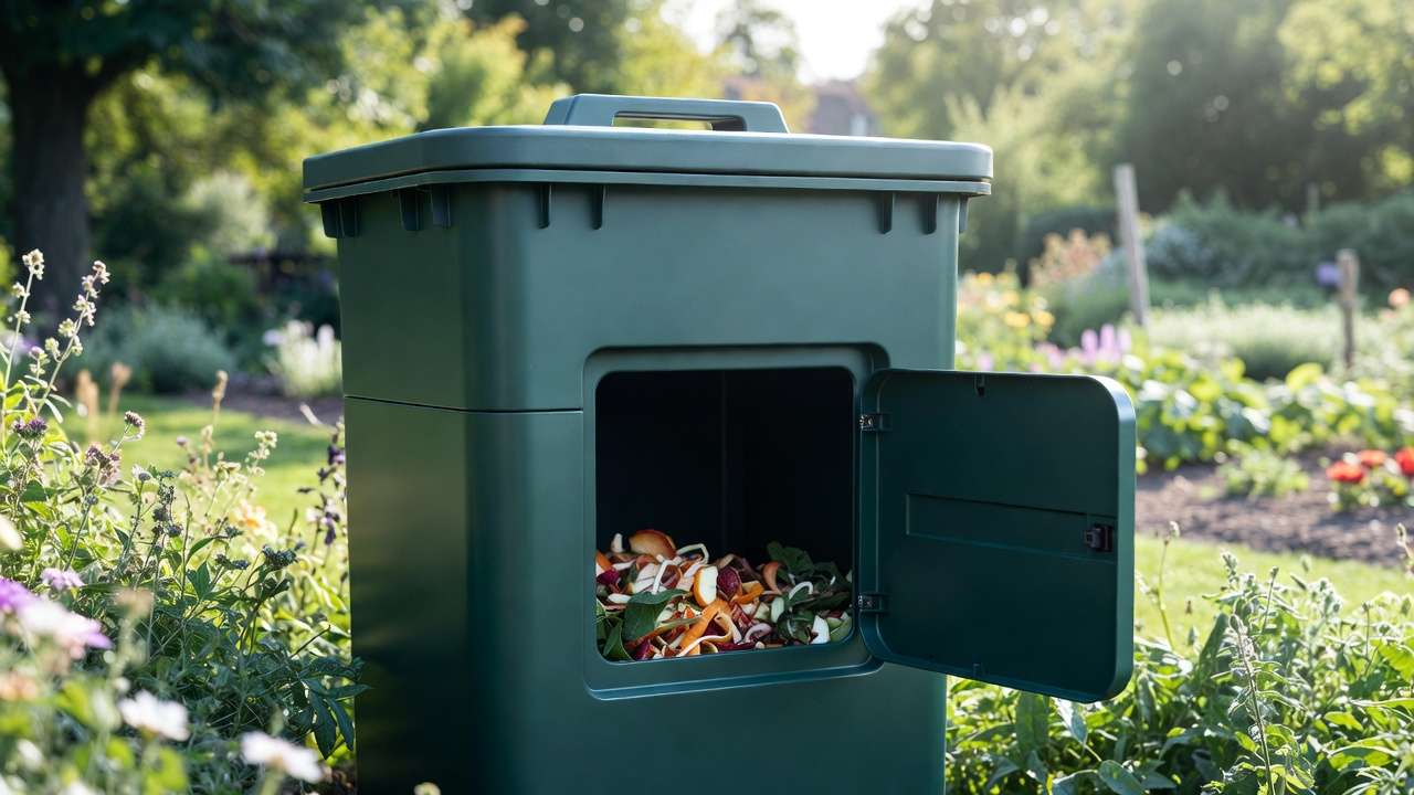 nclosed plastic compost bin filled with organic waste in a neat backyard garden