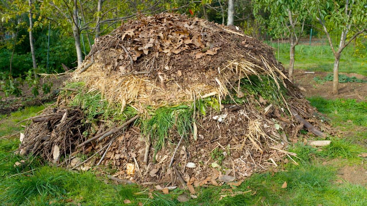 Large traditional open compost pile with layered greens and browns in a home garden