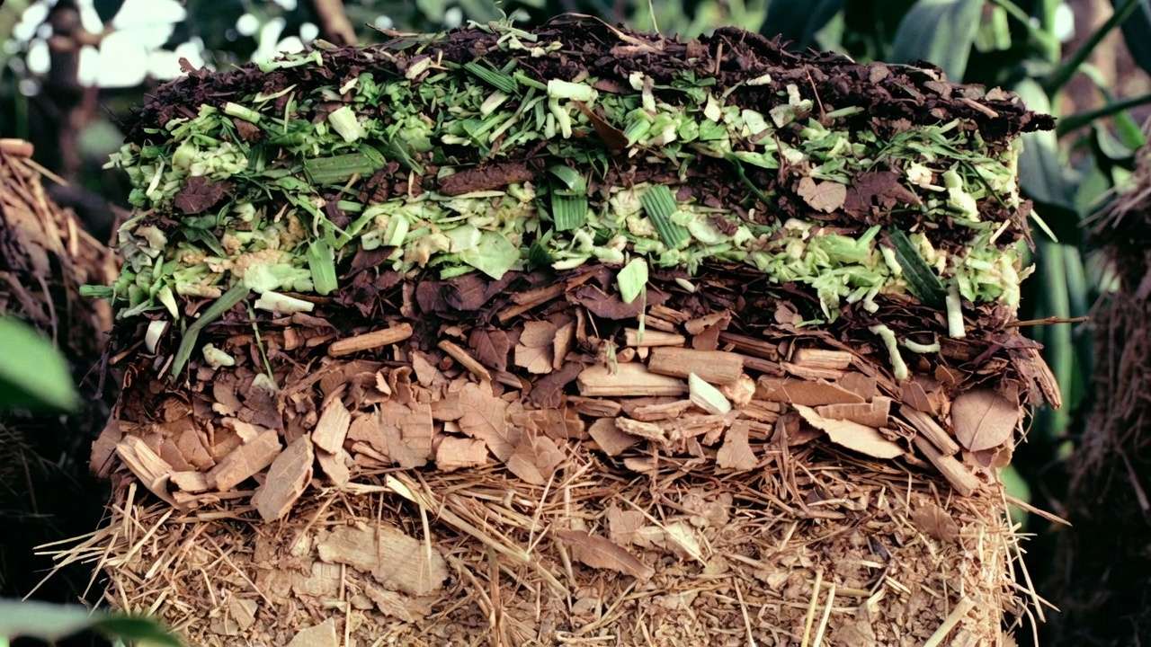 Cross-section of layered compost pile with alternating green and brown materials for fast decomposition