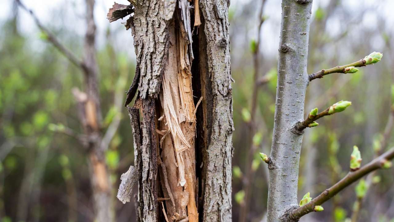 Comparison of winter-damaged young tree trunk vs. healthy recovery in spring after proper protection