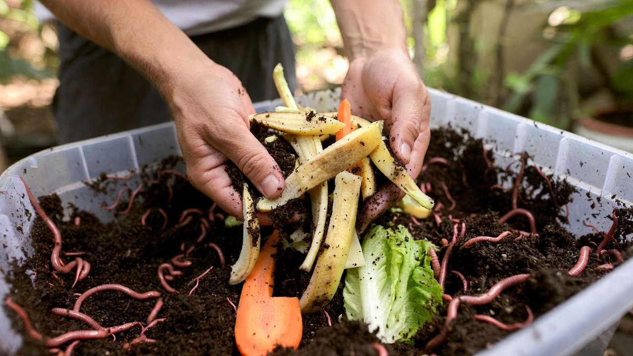 Adding vegetable scraps and coffee grounds to feed worms in a DIY vermicomposting system