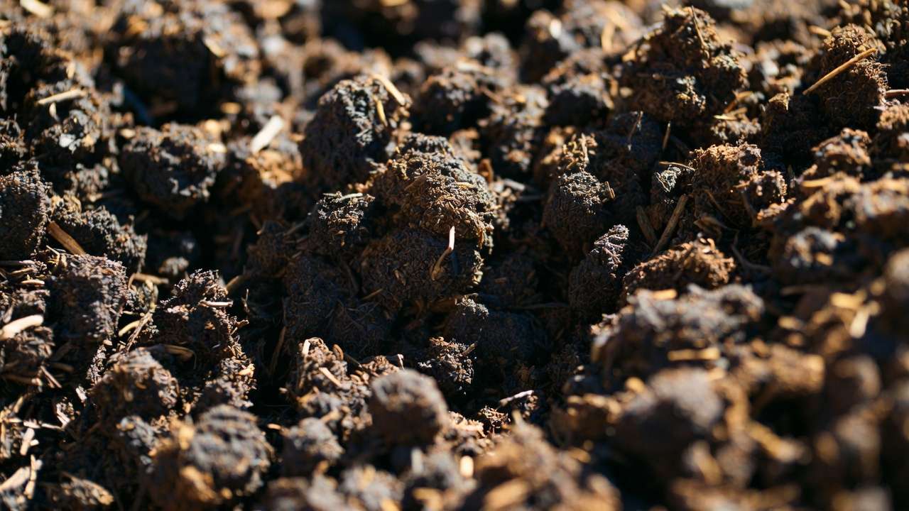 Close-up of finished leaf mold – dark, crumbly organic matter from composted leaves ready for garden use