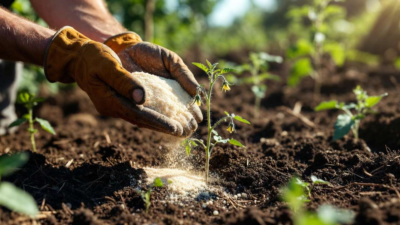 Applying bone meal to soil around young tomato plant for root and fruit development