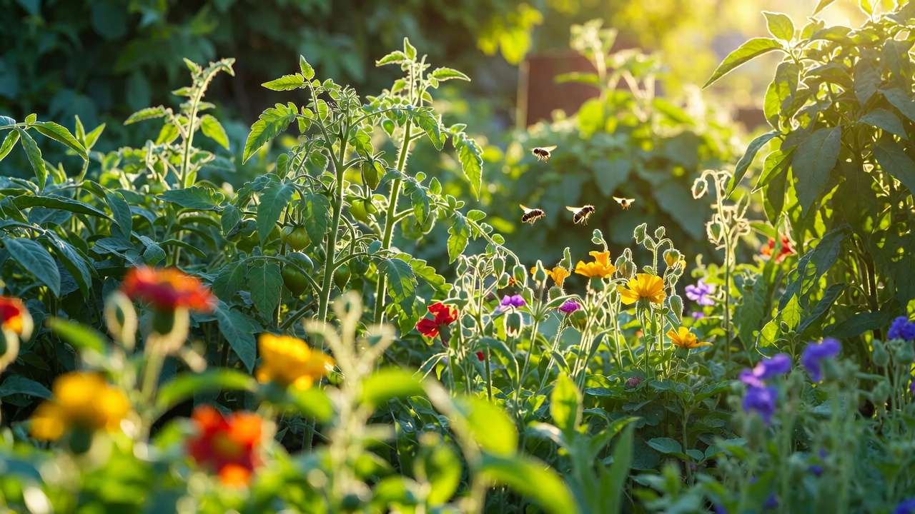 Healthy organic vegetable garden using natural pyrethrin pest control, pollinator-friendly and thriving plants