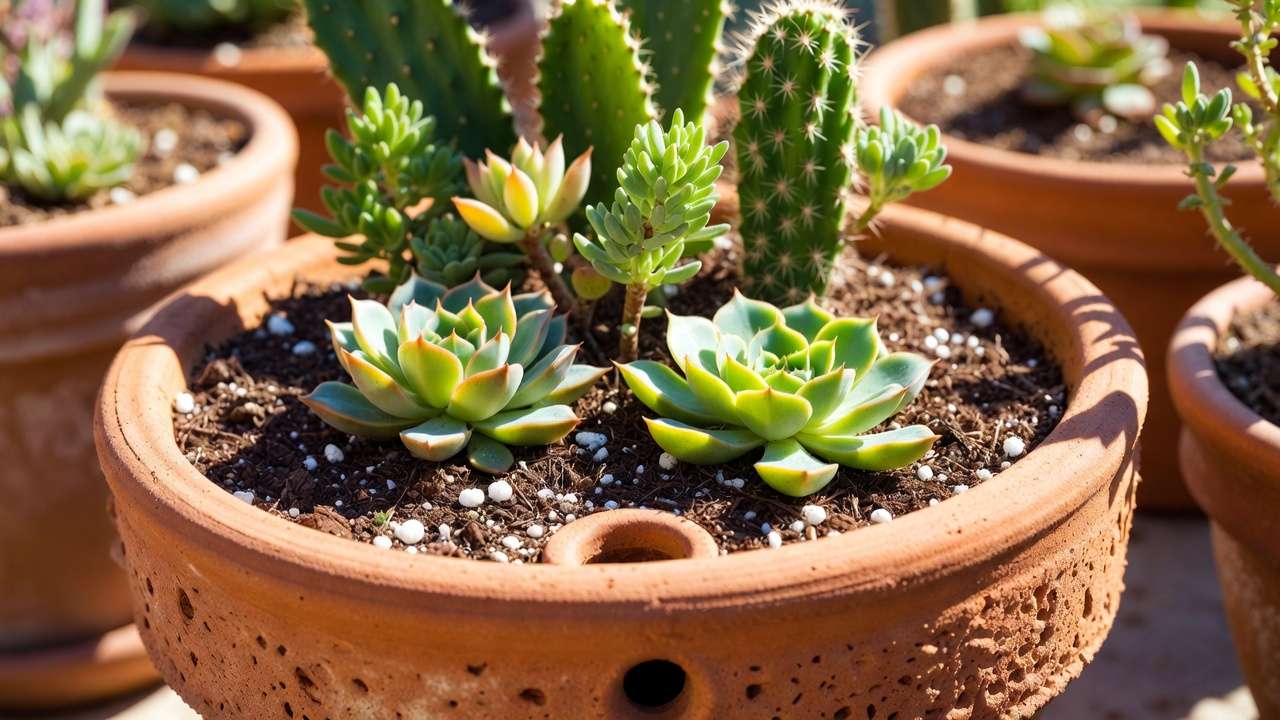 Succulent plants in pot with perlite soil amendment for optimal drainage