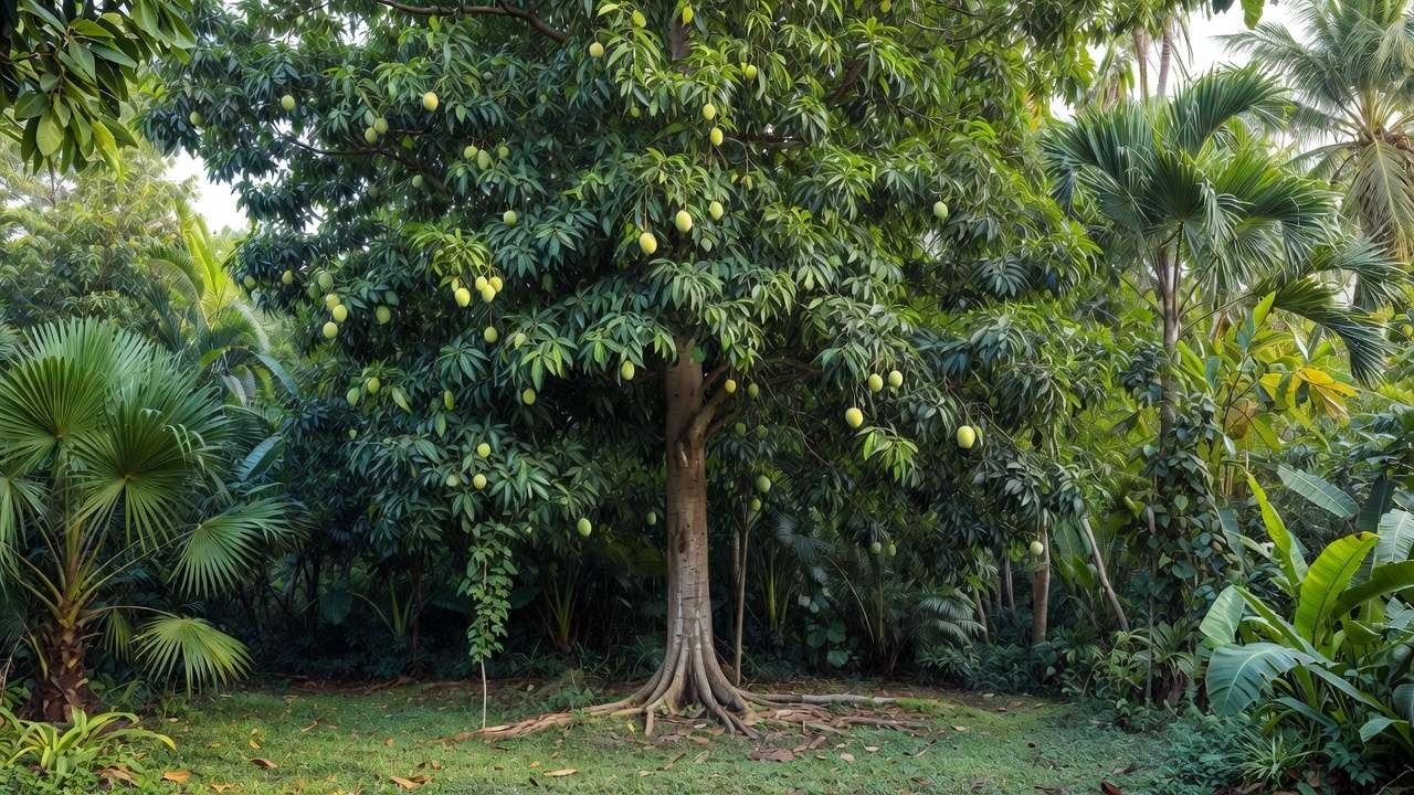 Healthy mango tree thriving with steady slow-release fertilizer nutrition in tropical garden