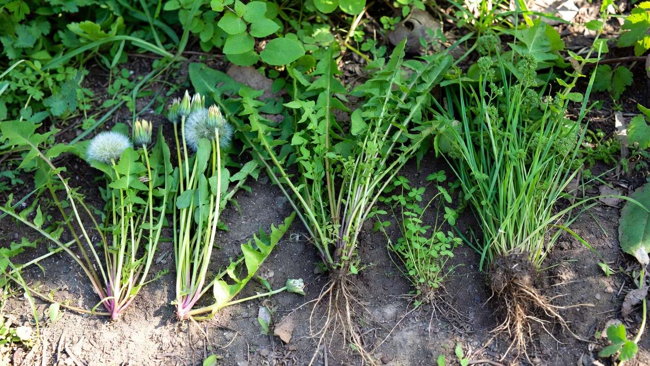 Common garden weeds like dandelions and bindweed pulled and ready for safe hot composting