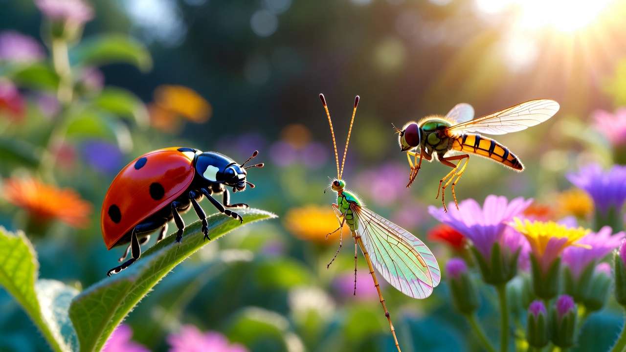 Close-up of ladybug, lacewing, and hoverfly on garden plants controlling aphids naturally