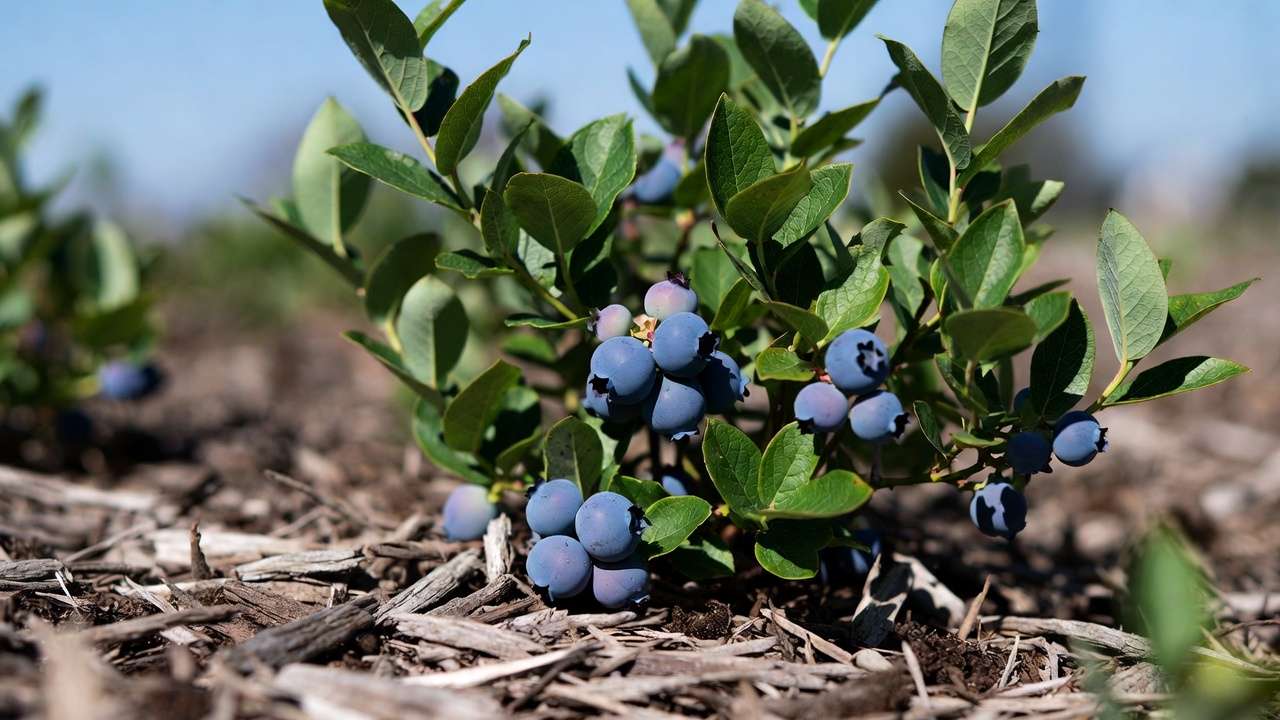 Healthy blueberry bush with ripe berries and green leaves in acidic soil with pine mulch