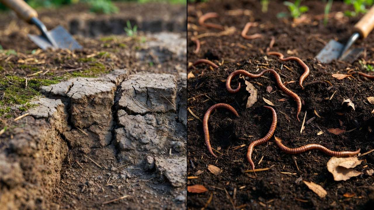 Before and after soil improvement using composted leaves – from compacted to rich, healthy organic matter-enhanced soil