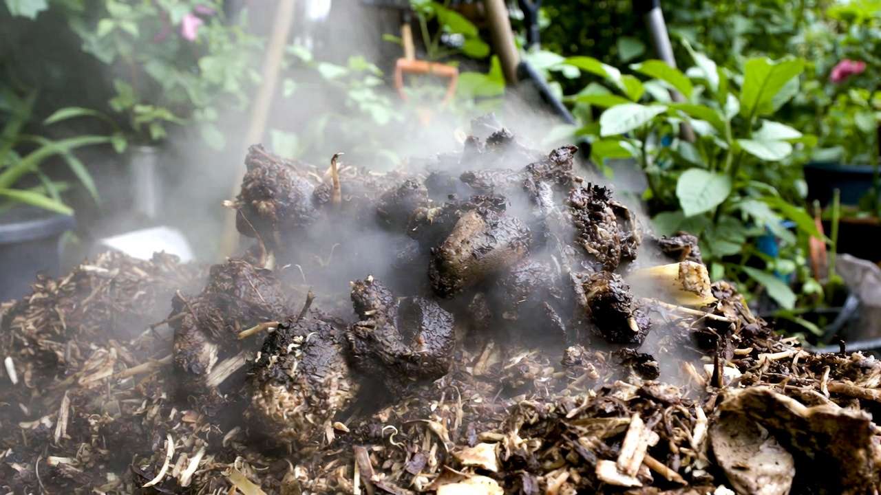 Soggy anaerobic compost pile showing signs of bad odor from excess moisture and poor aeration in a home garden.